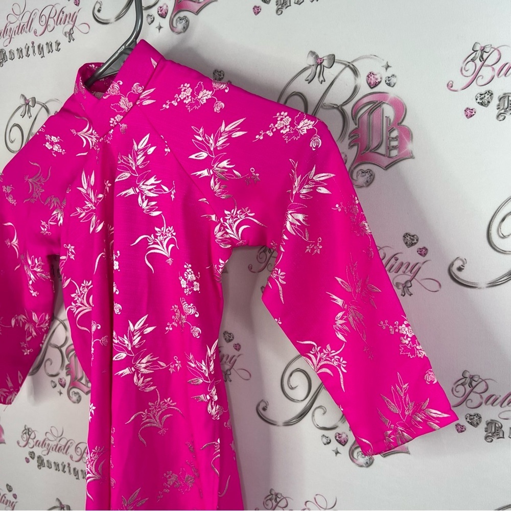 Dress 100% silk Japanese style wrap soft bright neon Pink Floral Kimono Robe - Picture 5 of 10